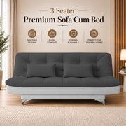 Casaliving Danny Sofa Cum Bed for Living Room Premium Fabric Sofa New 3 Seater Sofa Cum Bed Velvet Fabric with 2 Cushions and Suitable for All Indoor (Black Grey)
