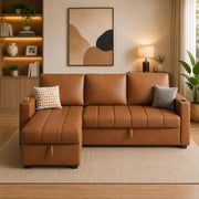 Casaliving Glanie LHS 4 Seater Corner Sofa Cum Bed for Living Room with Storage (Beige Fabric) Leatherette Fabric Sofa with Cup Holder