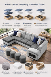 Auren 12 Seater L-Shape Comfortable Sectional Sofa Set with Ottoman for Living Room (Black Grey) Premium Fabric Sofa