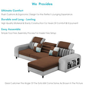 Samra RHS 4 Seater L Shape Sofa Set with 4 Puffy for Living Room (Brown Grey Fabric) Premium Fabric Sofa