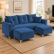 Casaliving Euron 4 Seater L Shape Convertible Sofa Set for Living Room, 3 Seater & 2 Ottoman Modular Sectional Couch for Small Space (Black Colour) Fabric