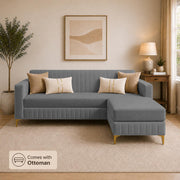 Casaliving Daxos 4 Seater L Shape Sofa Set with Movable Ottoman | Flexible Left or Right Layout | Cozy Velvet Fabric | Soft Touch Seating | Modern Designer Sofa for Living Room (Black)