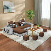 Samra LHS 4 Seater L Shape Sofa Set with 4 Puffy for Living Room (Brown Grey Fabric) Premium Fabric Sofa