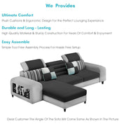 Samra LHS 4 Seater L Shape Sofa Set with 4 Puffy for Living Room (Black Grey Fabric) Premium Fabric Sofa