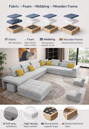 Casaling Urban Modern U-Shaped Sectional Sofa Set with Storage | 9 Seater Sofa Couch with Ottoman | Wooden Frame | Premium Colour Fabric | for Living Room & Guest Hall in (Black Colour)