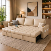 Casaliving Glanie LHS 4 Seater Corner Sofa Cum Bed for Living Room with Storage (Beige Fabric) Leatherette Fabric Sofa with Cup Holder