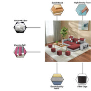 Samra RHS 4 Seater L Shape Sofa Set with 4 Puffy for Living Room (Maroon Grey Fabric) Premium Fabric Sofa