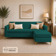 Casaliving Daxos 4 Seater L Shape Sofa Set with Movable Ottoman | Flexible Left or Right Layout | Cozy Velvet Fabric | Soft Touch Seating | Modern Designer Sofa for Living Room (Black)