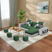 Samra RHS 4 Seater L Shape Sofa Set with 4 Puffy for Living Room (Green Grey Fabric) Premium Fabric Sofa