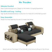 Samra LHS 4 Seater L Shape Sofa Set with 4 Puffy for Living Room (Cream Black Fabric) Premium Fabric Sofa