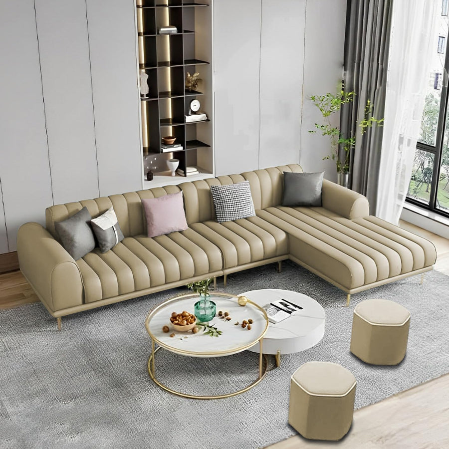 Casaliving Herrick RHS 6 Seater L Shape Sofa Set with 2 Puffy for Living Room (Cream Colour) Premium Velvet Fabric Sofa Set