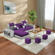 Samra LHS 4 Seater L Shape Sofa Set with 4 Puffy for Living Room (Purple Grey Fabric) Premium Fabric Sofa
