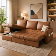 Casaliving Glanie LHS 4 Seater Corner Sofa Cum Bed for Living Room with Storage (Beige Fabric) Leatherette Fabric Sofa with Cup Holder