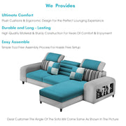 Samra RHS 4 Seater L Shape Sofa Set with 4 Puffy for Living Room (Turquise Grey Fabric) Premium Fabric Sofa