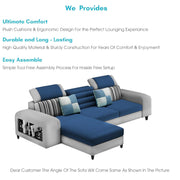 Samra LHS 4 Seater L Shape Sofa Set with 4 Puffy for Living Room (Blue Grey Fabric) Premium Fabric Sofa