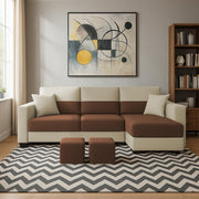 Aden RHS 4 Seater L Shape Sofa Set with 2 Puffy for Living Room (Cream Brown Colour Fabric) Premium Fabric Sofa Set for Living Room