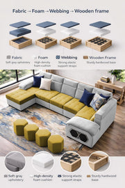 Auren 12 Seater L-Shape Comfortable Sectional Sofa Set with Ottoman for Living Room (Black Grey) Premium Fabric Sofa