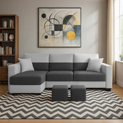Aden LHS 4 Seater L Shape Sofa Set with 2 Puffy for Living Room (Black Grey Colour Fabric) Premium Fabric Sofa Set for Living Room