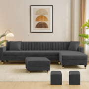 Casaliving Garcia 8 Seater RHS L Shape Sofa Set with Ottoman & 2 Puffy for Living Room (Grey Colour Fabric) Premium Fabric Sofa