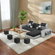 Samra RHS 4 Seater L Shape Sofa Set with 4 Puffy for Living Room (Black Grey Fabric) Premium Fabric Sofa