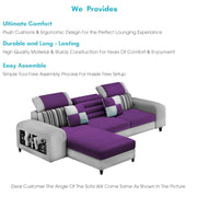 Samra LHS 4 Seater L Shape Sofa Set with 4 Puffy for Living Room (Purple Grey Fabric) Premium Fabric Sofa