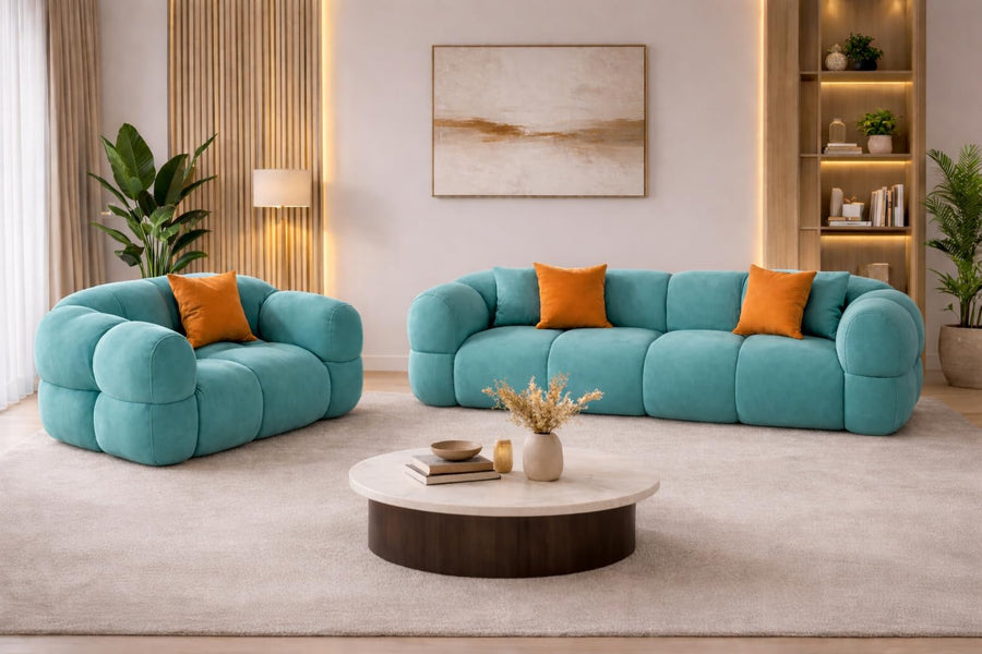 Vetras Modern Velvet Bubble Cloud Sofa, Tufted Design Upholstered 3+1 Seater Sofa Set for Living Room, (Black Colour) Premium Velvet Fabric Sofa