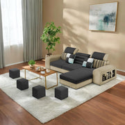 Samra RHS 4 Seater L Shape Sofa Set with 4 Puffy for Living Room (Cream Black Fabric) Premium Fabric Sofa