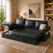 Casaliving Glanie LHS 4 Seater Corner Sofa Cum Bed for Living Room with Storage (Beige Fabric) Leatherette Fabric Sofa with Cup Holder