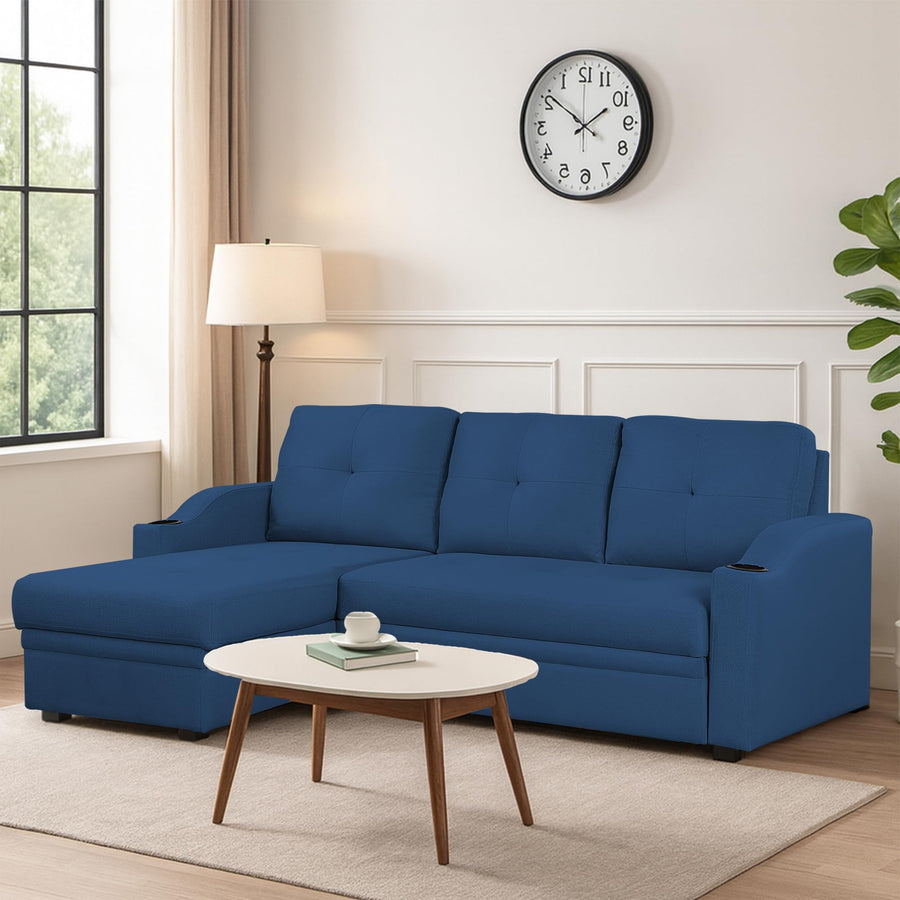 Casaliving Ravonna LHS 4 Seater L Shape Corner Sofa Cum Bed for Living Room (Blue Fabric) Premium Fabric Sofa
