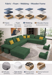 Casaling Urban Modern U-Shaped Sectional Sofa Set with Storage | 9 Seater Sofa Couch with Ottoman | Wooden Frame | Premium Colour Fabric | for Living Room & Guest Hall in (Black Colour)