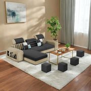 Samra LHS 4 Seater L Shape Sofa Set with 4 Puffy for Living Room (Cream Black Fabric) Premium Fabric Sofa