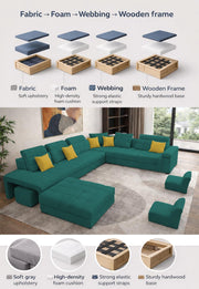 Casaling Urban Modern U-Shaped Sectional Sofa Set with Storage | 9 Seater Sofa Couch with Ottoman | Wooden Frame | Premium Colour Fabric | for Living Room & Guest Hall in (Black Colour)