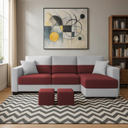 Aden RHS 4 Seater L Shape Sofa Set with 2 Puffy for Living Room (Maroon Grey Colour Fabric) Premium Fabric Sofa Set for Living Room