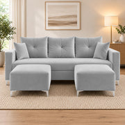 Casaliving Euron 4 Seater L Shape Convertible Sofa Set for Living Room, 3 Seater & 2 Ottoman Modular Sectional Couch for Small Space (Black Colour) Fabric