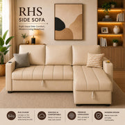 Casaliving Glanie LHS 4 Seater Corner Sofa Cum Bed for Living Room with Storage (Beige Fabric) Leatherette Fabric Sofa with Cup Holder
