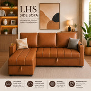 Casaliving Glanie LHS 4 Seater Corner Sofa Cum Bed for Living Room with Storage (Beige Fabric) Leatherette Fabric Sofa with Cup Holder