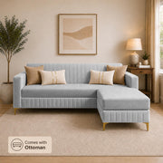 Casaliving Daxos 4 Seater L Shape Sofa Set with Movable Ottoman | Flexible Left or Right Layout | Cozy Velvet Fabric | Soft Touch Seating | Modern Designer Sofa for Living Room (Black)