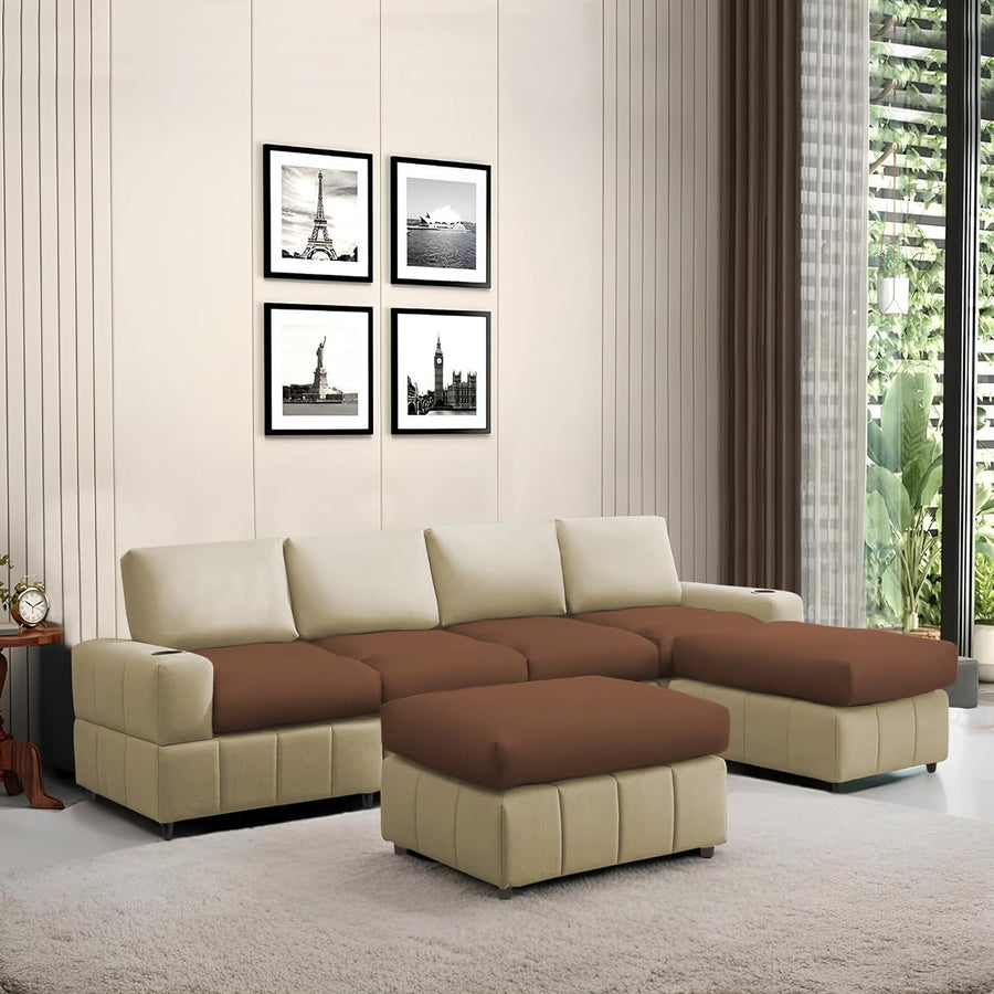 Rone 6 Seater L-Shaped & U-Shaped Sofas Set for Living Room – (Cream Brown Colour Fabric) Premium Comfort Sofa