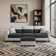 Aden 3 Seater Sofa Set with Ottoman for Living Room (Black Grey Colour Fabric) Premium Fabric Sofa