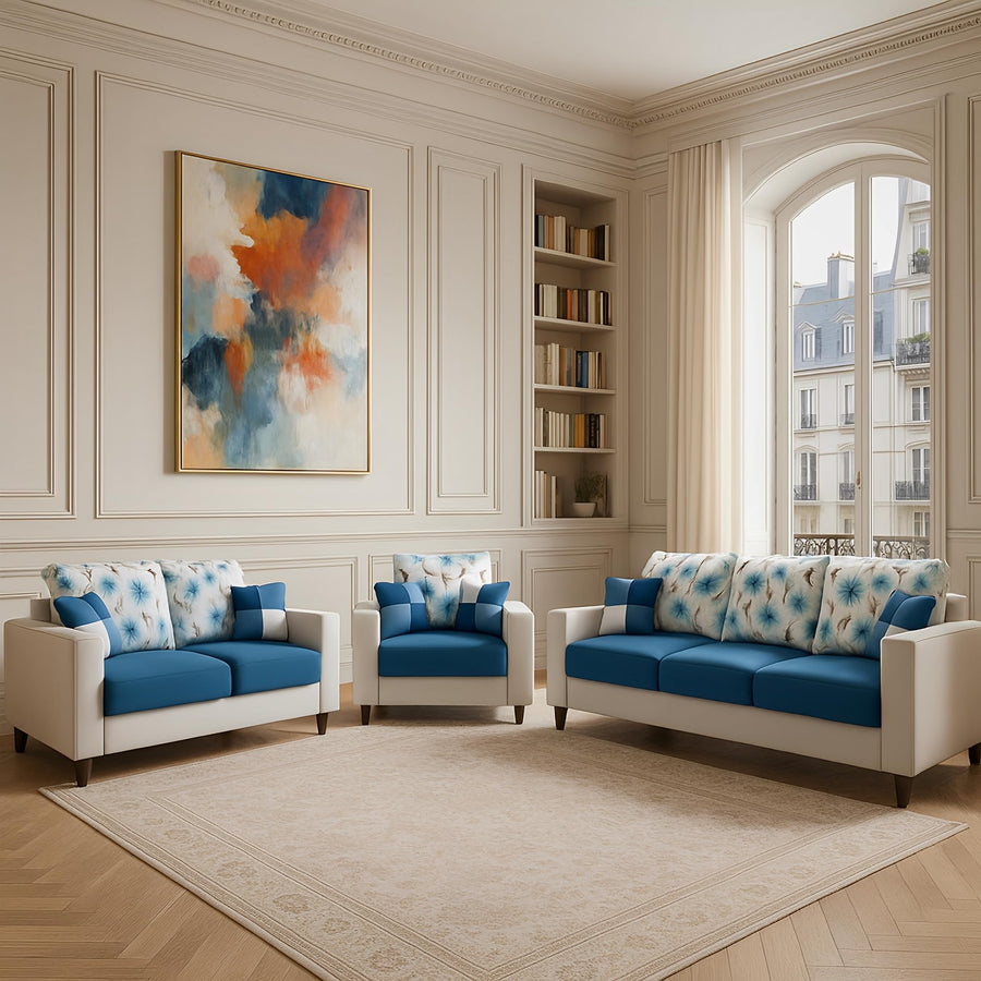 Casaliving Rolando 3 + 2 + 1 Seater Sofa Set for Living Room (Blue Grey Colour Fabric) Premium Fabric Sofa Set