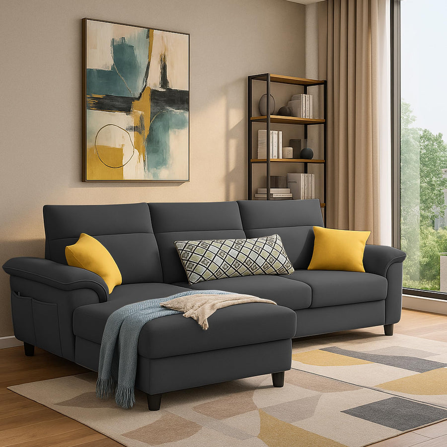 Casaliving Seams LHS 4 Seater L Shape Sofa for Living Room (Black Fabric) Premium Fabric Sofa