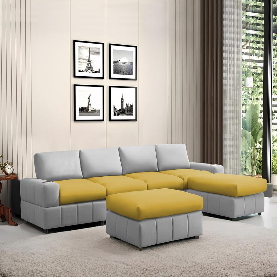 Rone 6 Seater L-Shaped & U-Shaped Sofas Set for Living Room – (Yellow Grey Colour Fabric) Premium Comfort Sofa