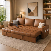 Casaliving Glanie LHS 4 Seater Corner Sofa Cum Bed for Living Room with Storage (Beige Fabric) Leatherette Fabric Sofa with Cup Holder