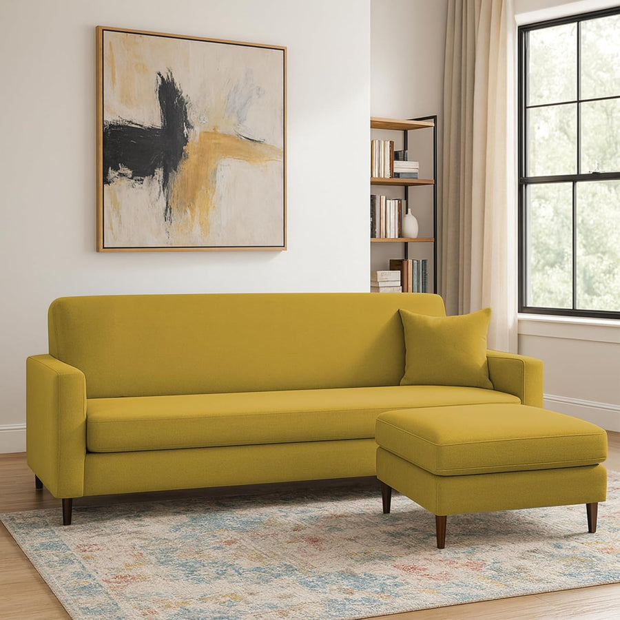 Valkyrie 4 Seater L Shape Convertible Sofa Set for Living Room, 3 Seater & Ottoman Modular Sectional Couch for Small Space (Yellow Colour) Fabric