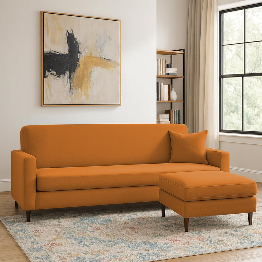 Valkyrie 4 Seater L Shape Convertible Sofa Set for Living Room, 3 Seater & Ottoman Modular Sectional Couch for Small Space (Orange Colour) Fabric