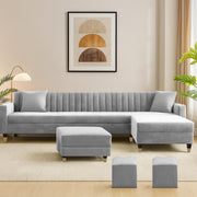 Casaliving Garcia 8 Seater RHS L Shape Sofa Set with Ottoman & 2 Puffy for Living Room (Grey Colour Fabric) Premium Fabric Sofa
