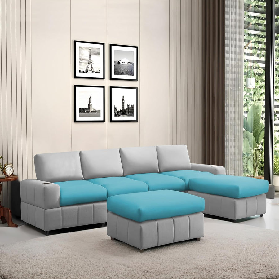 Rone 6 Seater L-Shaped & U-Shaped Sofas Set for Living Room – (Turquise Grey Colour Fabric) Premium Comfort Sofa