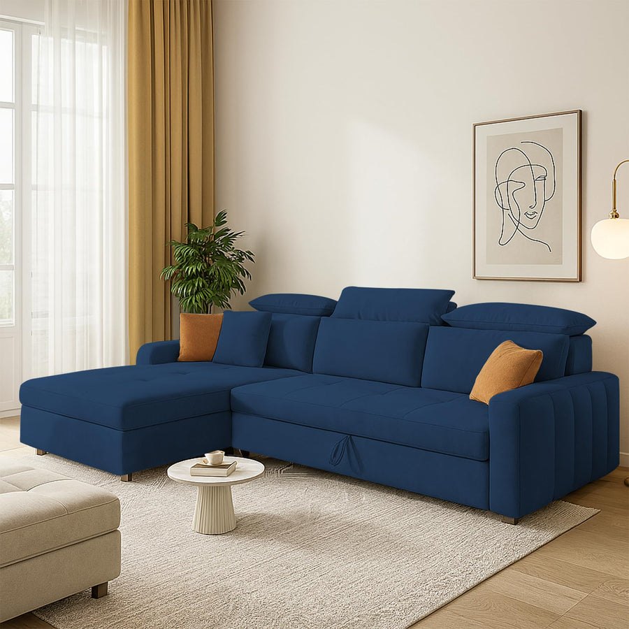 Casaliving Gagnon LHS 4 Seater L Shape Corner Sofa Cum Bed for Living Room (Blue Fabric) Premium Fabric Sofa