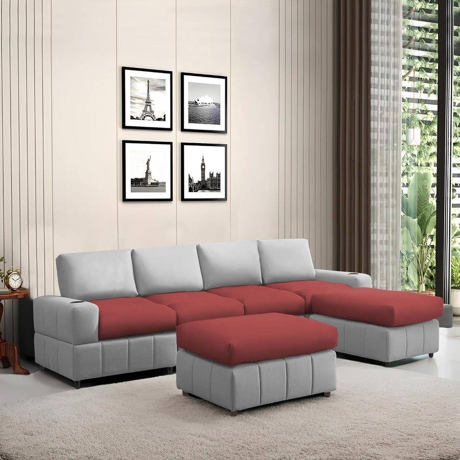 Rone 6 Seater L-Shaped & U-Shaped Sofas Set for Living Room – (Maroon Grey Colour Fabric) Premium Comfort Sofa